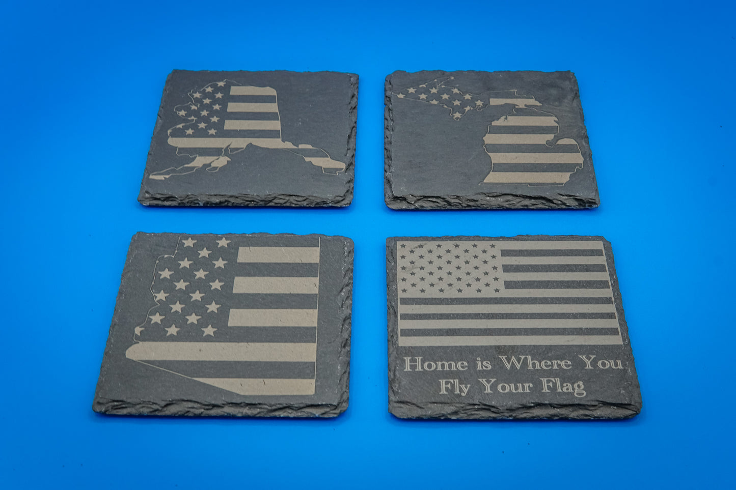 Slate Coasters (Set of 2) | State-themed with American Flag | Custom Engraved with the States of Your Choice | "Home is Where You Fly Your Flag!"