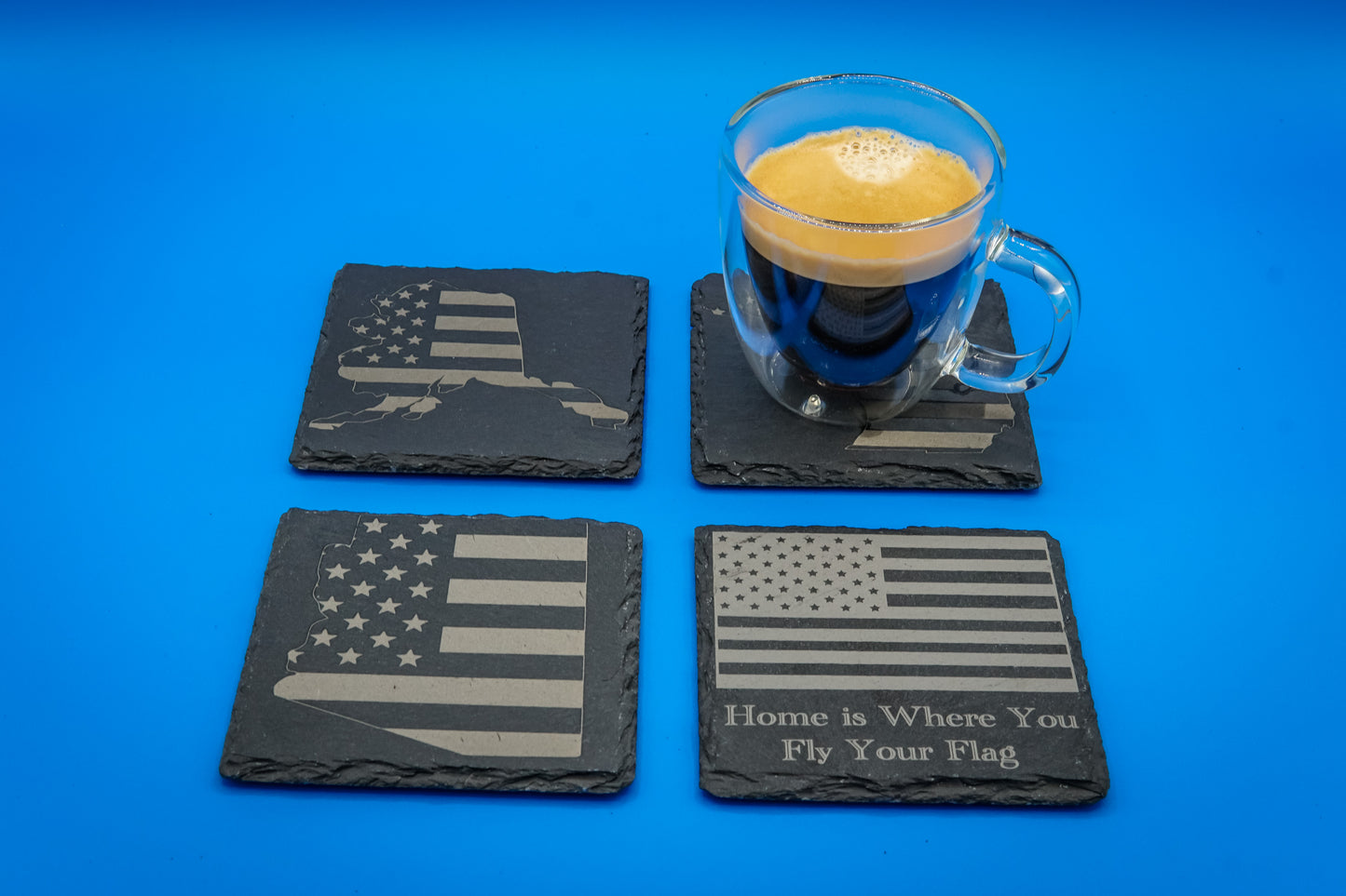 Slate Coasters (Set of 2) | State-themed with American Flag | Custom Engraved with the States of Your Choice | "Home is Where You Fly Your Flag!"