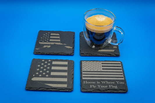 Slate Coasters (Set of 4) | State-themed with American Flag | Custom Engraved with the States of Your Choice | "Home is Where You Fly Your Flag!"