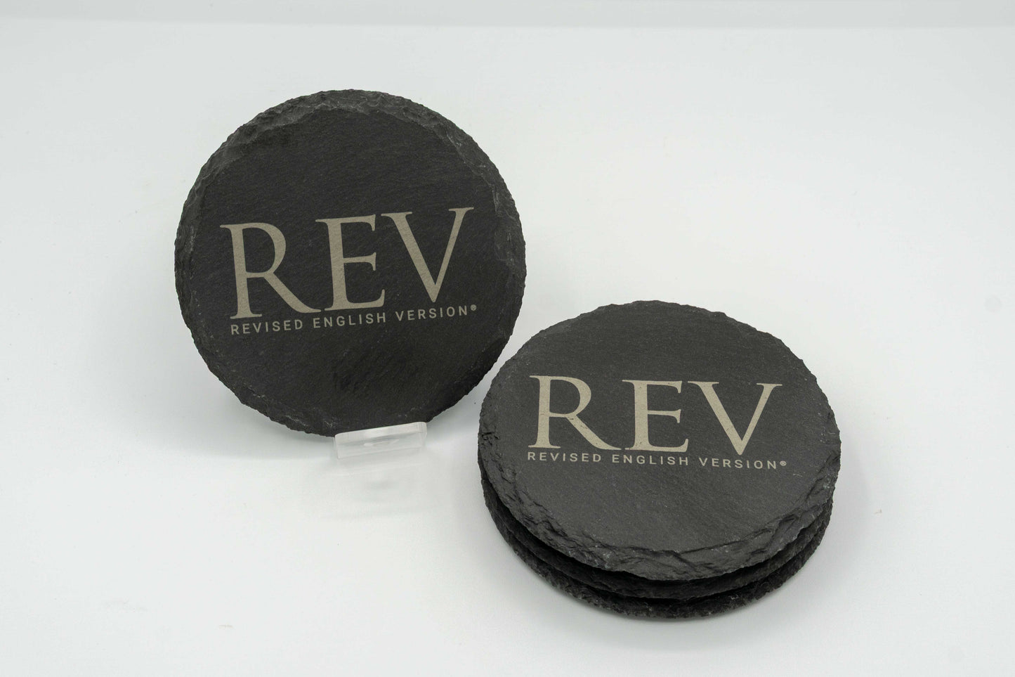 Revised English Version (REV) Logo | Slate Coasters (Set of 4) | Round