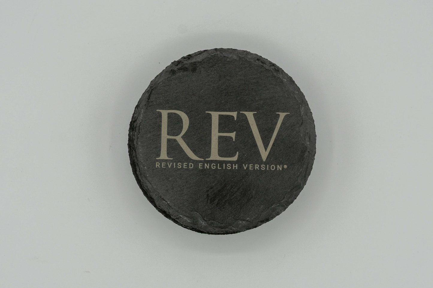Revised English Version (REV) Logo | Slate Coasters (Set of 4) | Round