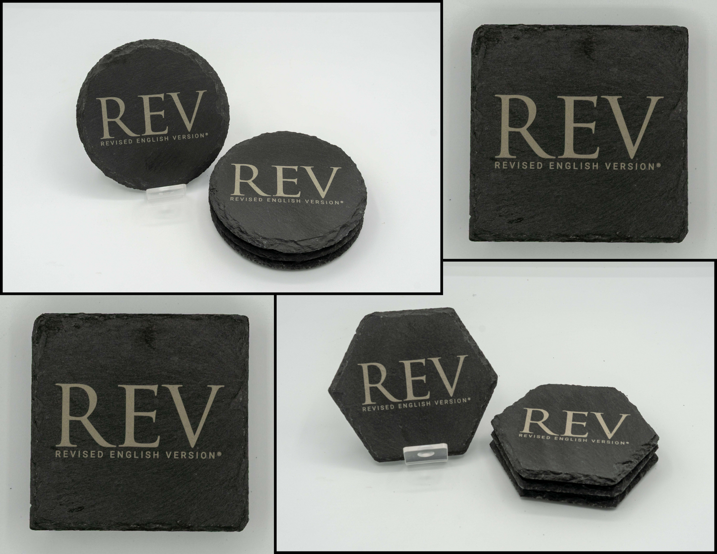 Revised English Version (REV) Logo | Slate Coasters (Set of 4) | Round Square or Hexagon