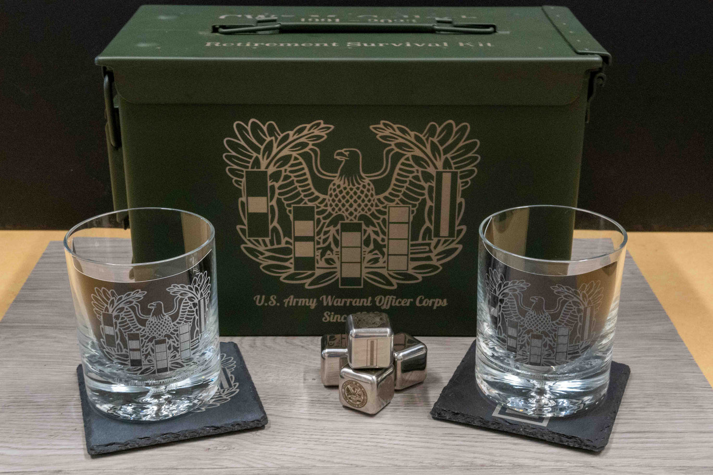 Whiskey Ammo Can Gift Set | Whiskey Glasses, Coasters, Bottle Stopper, and Stainless Steel Whiskey Stones ALL Custom Engraved & Personalized