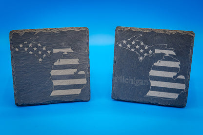 Slate Coasters (Set of 4) | State-themed with American Flag | Custom Engraved with the States of Your Choice | "Home is Where You Fly Your Flag!"