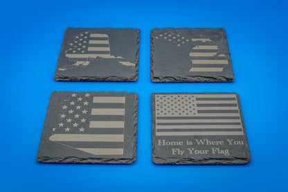 Slate Coasters (Set of 4) | State-themed with American Flag | Custom Engraved with the States of Your Choice | "Home is Where You Fly Your Flag!"