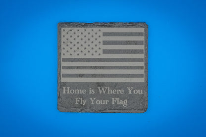 Slate Coasters (Set of 4) | State-themed with American Flag | Custom Engraved with the States of Your Choice | "Home is Where You Fly Your Flag!"