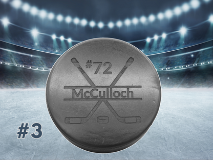 Hockey Pucks, Custom Engraved | Personalized Sports Gift with your Team Logo on one side and your Name and Roster Number on the other!