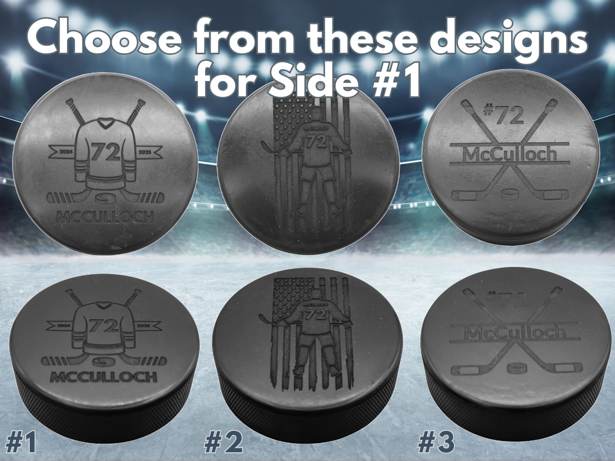 Hockey Pucks, Custom Engraved | Personalized Sports Gift with your Team Logo on one side and your Name and Roster Number on the other!