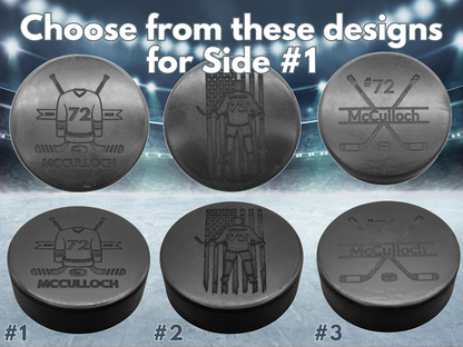 Hockey Pucks, Custom Engraved | Personalized Sports Gift with your Team Logo on one side and your Name and Roster Number on the other!