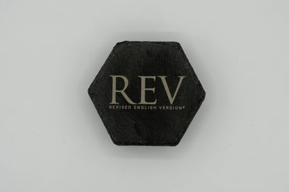 Revised English Version (REV) Logo | Slate Coasters (Set of 4) | Round Square or Hexagon