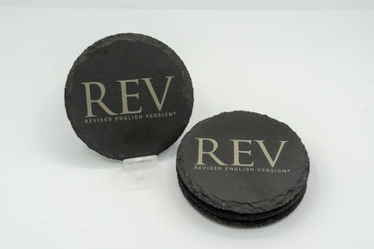 Revised English Version (REV) Logo | Slate Coasters (Set of 4) | Round Square or Hexagon