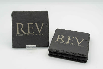 Revised English Version (REV) Logo | Slate Coasters (Set of 4) | Square