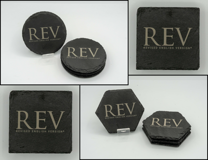 Revised English Version (REV) Logo | Slate Coasters (Set of 4) | Round Square or Hexagon