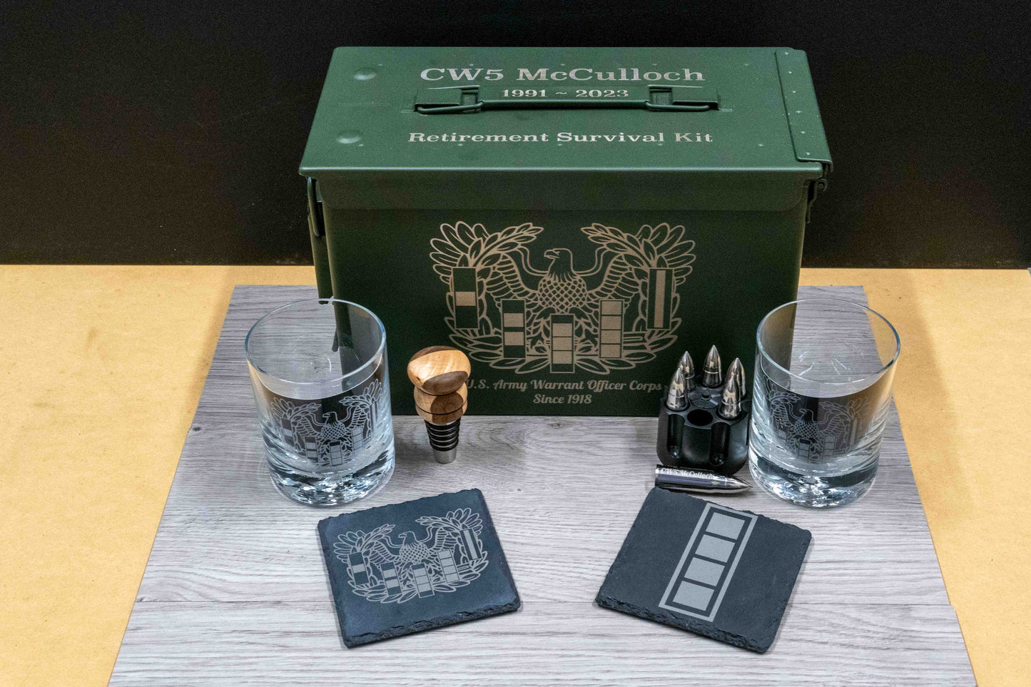 Whiskey Ammo Can Gift Set | Whiskey Glasses, Coasters, Bottle Stopper, and Stainless Steel Whiskey Stones ALL Custom Engraved & Personalized