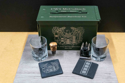 Whiskey Ammo Can Gift Set | Whiskey Glasses, Coasters, Bottle Stopper, and Stainless Steel Whiskey Stones ALL Custom Engraved & Personalized