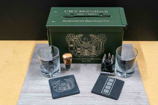Whiskey Ammo Can Gift Set | Whiskey Glasses, Coasters, Bottle Stopper, and Stainless Steel Whiskey Stones ALL Custom Engraved & Personalized