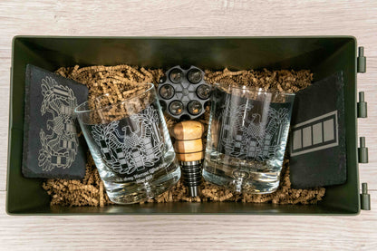 Whiskey Ammo Can Gift Set | Whiskey Glasses, Coasters, Bottle Stopper, and Stainless Steel Whiskey Stones ALL Custom Engraved & Personalized